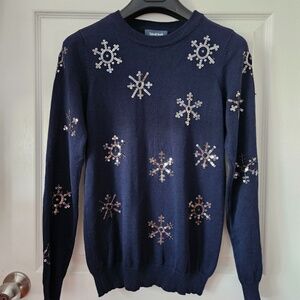 Modcloth Navy Blue Silver Sequin Snowflake Sweater XXS